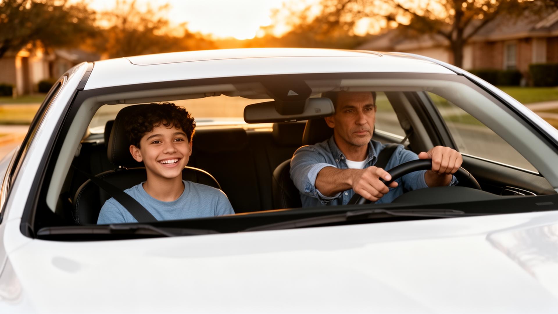 Driving instructor coaching a teen student in a modern car at sunset in suburban DFW